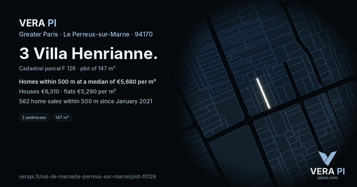 3 Villa Henrianne, Le Perreux-sur-Marne at night – the plot lit, the parcels around coloured by the prices near them