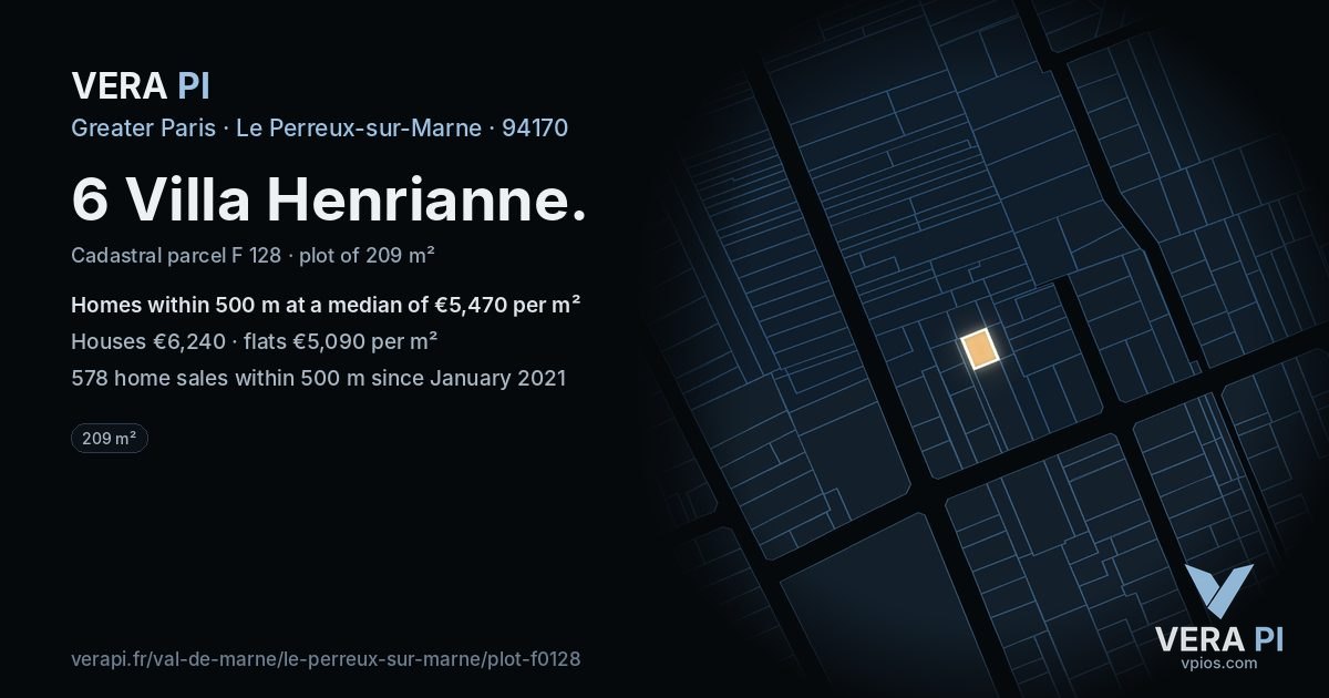 6 Villa Henrianne, Le Perreux-sur-Marne at night – the plot lit, the parcels around coloured by the prices near them