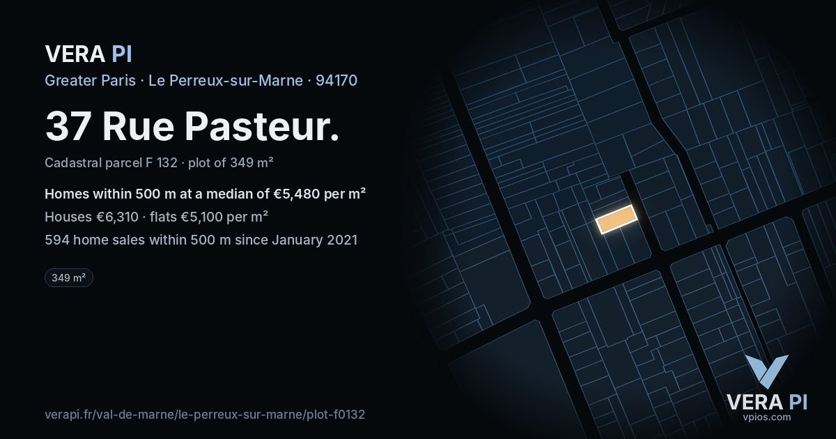 37 Rue Pasteur, Le Perreux-sur-Marne at night – the plot lit, the parcels around coloured by the prices near them