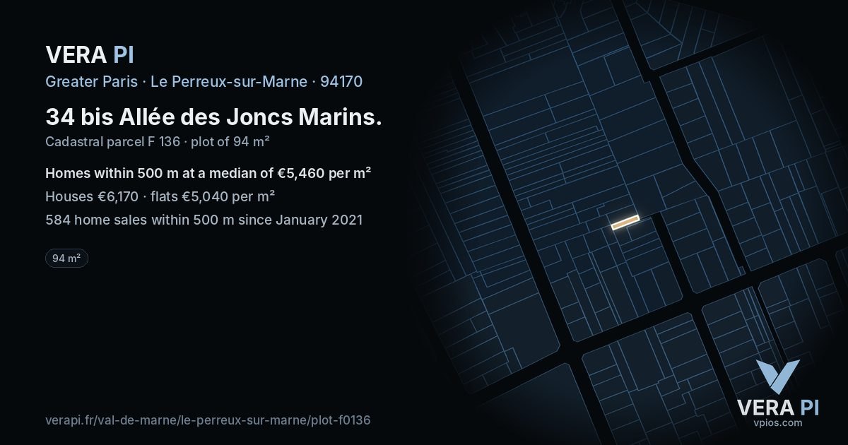 34 bis Allée des Joncs Marins, Le Perreux-sur-Marne at night – the plot lit, the parcels around coloured by the prices near them