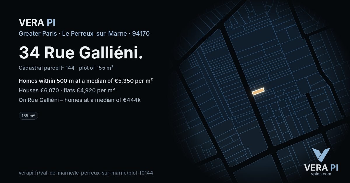 34 Rue Galliéni, Le Perreux-sur-Marne at night – the plot lit, the parcels around coloured by the prices near them