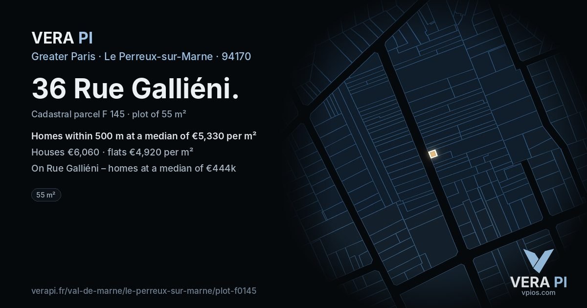 36 Rue Galliéni, Le Perreux-sur-Marne at night – the plot lit, the parcels around coloured by the prices near them