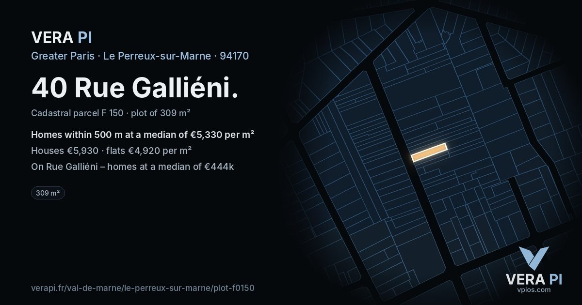 40 Rue Galliéni, Le Perreux-sur-Marne at night – the plot lit, the parcels around coloured by the prices near them