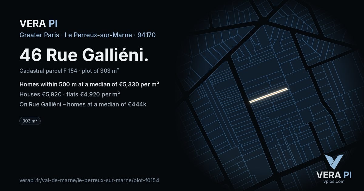 46 Rue Galliéni, Le Perreux-sur-Marne at night – the plot lit, the parcels around coloured by the prices near them