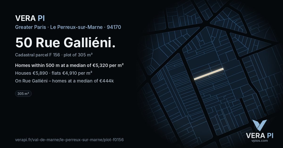 50 Rue Galliéni, Le Perreux-sur-Marne at night – the plot lit, the parcels around coloured by the prices near them