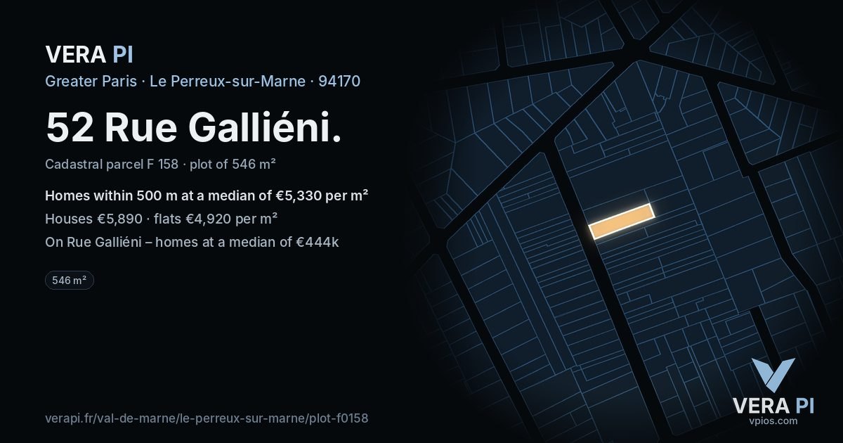 52 Rue Galliéni, Le Perreux-sur-Marne at night – the plot lit, the parcels around coloured by the prices near them