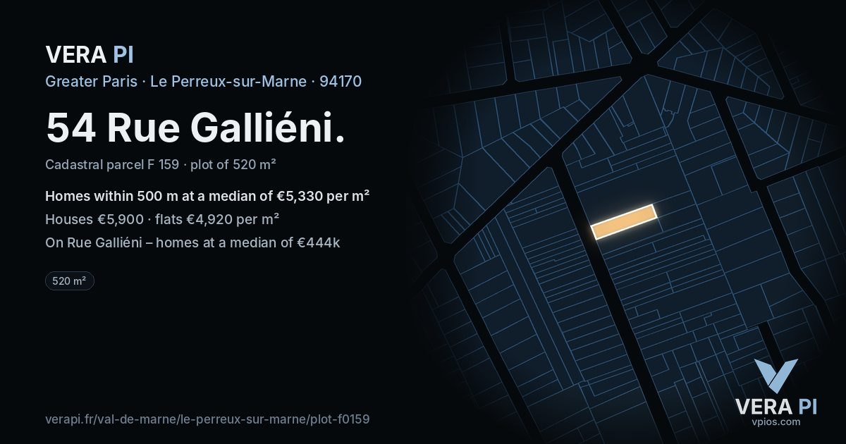 54 Rue Galliéni, Le Perreux-sur-Marne at night – the plot lit, the parcels around coloured by the prices near them