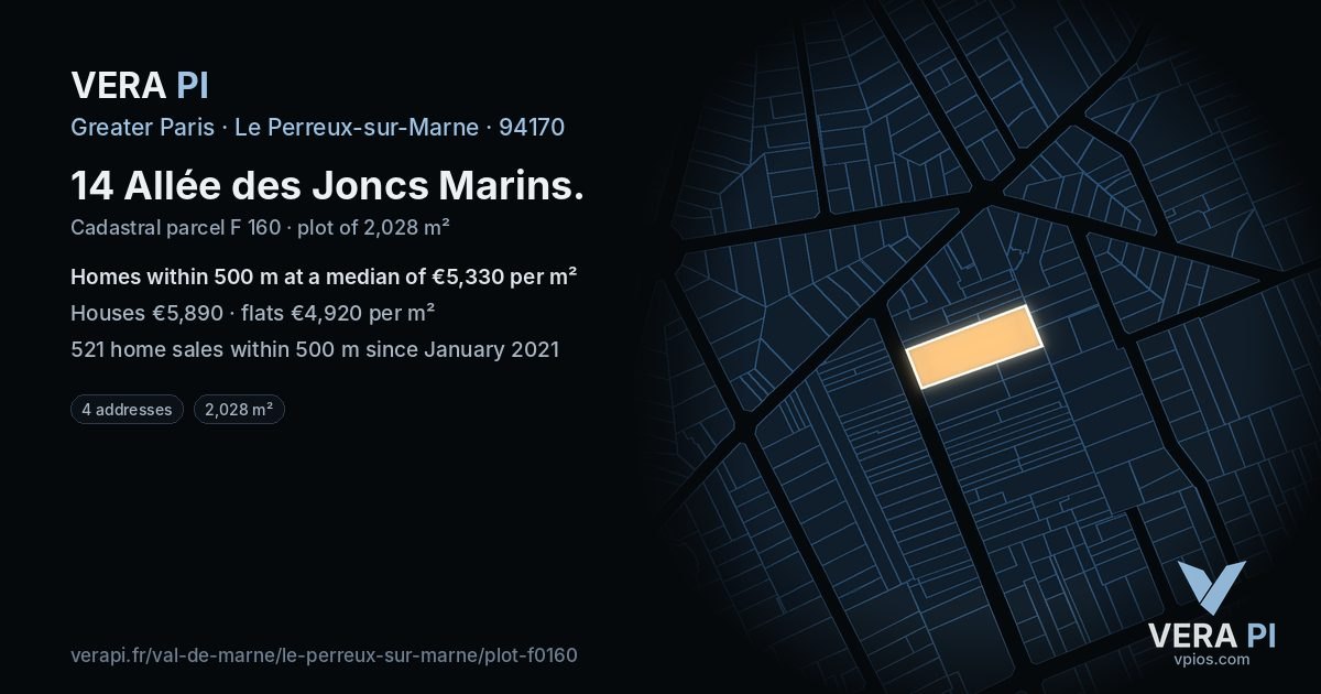 14 Allée des Joncs Marins, Le Perreux-sur-Marne at night – the plot lit, the parcels around coloured by the prices near them