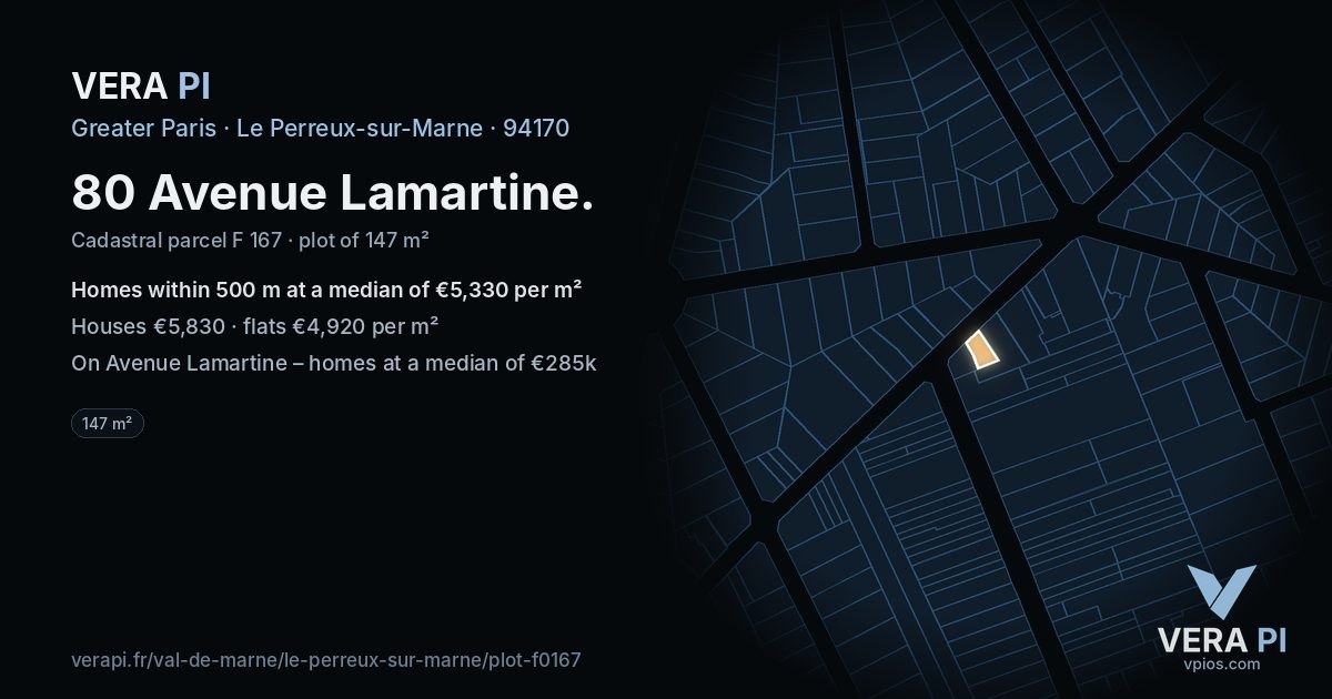 80 Avenue Lamartine, Le Perreux-sur-Marne at night – the plot lit, the parcels around coloured by the prices near them