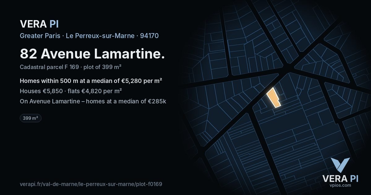 82 Avenue Lamartine, Le Perreux-sur-Marne at night – the plot lit, the parcels around coloured by the prices near them