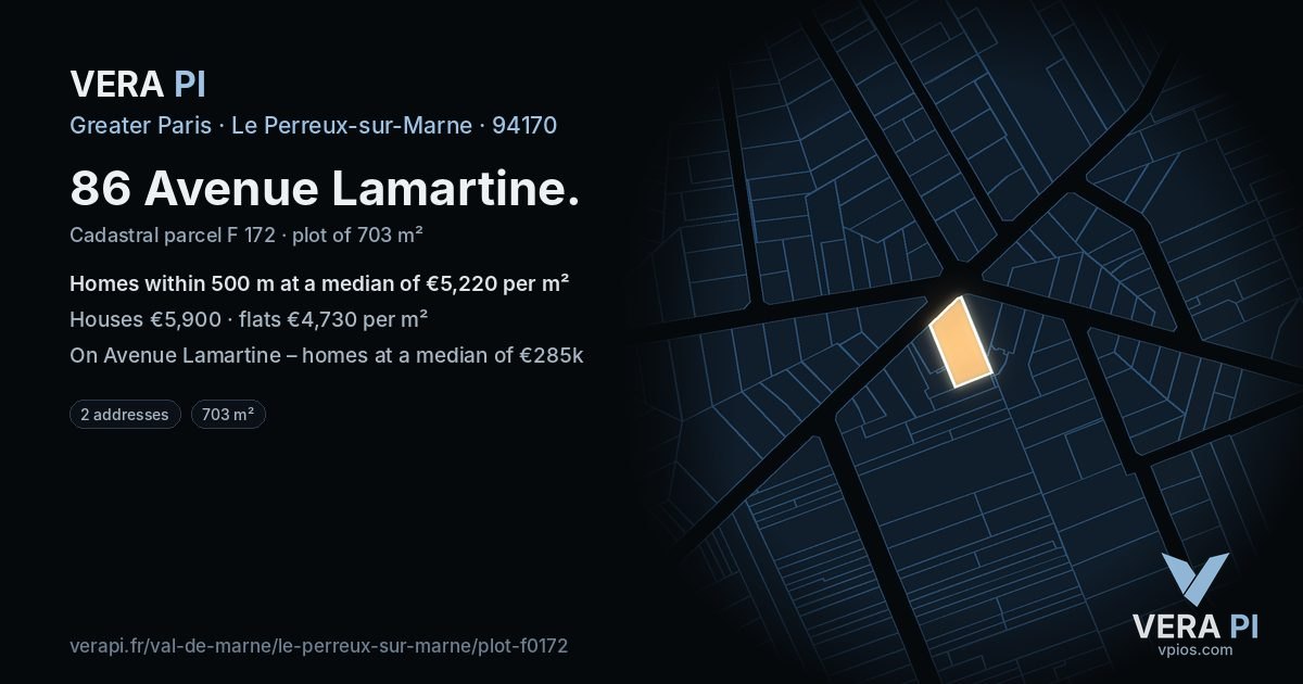86 Avenue Lamartine, Le Perreux-sur-Marne at night – the plot lit, the parcels around coloured by the prices near them
