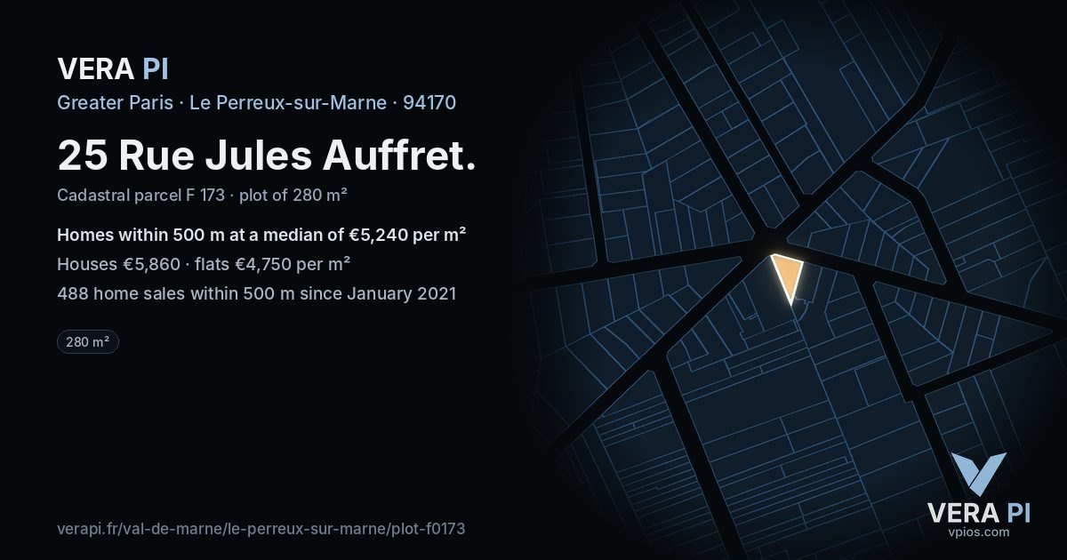 25 Rue Jules Auffret, Le Perreux-sur-Marne at night – the plot lit, the parcels around coloured by the prices near them