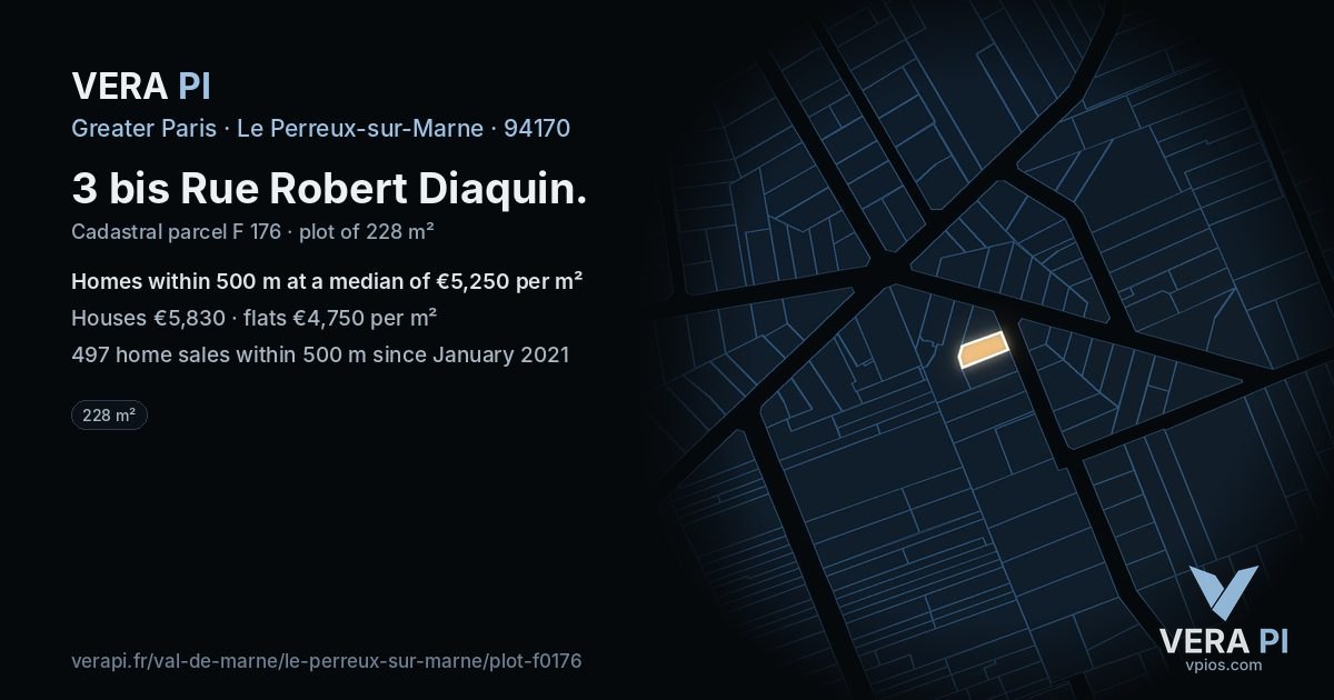 3 bis Rue Robert Diaquin, Le Perreux-sur-Marne at night – the plot lit, the parcels around coloured by the prices near them