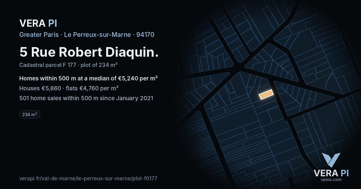 5 Rue Robert Diaquin, Le Perreux-sur-Marne at night – the plot lit, the parcels around coloured by the prices near them