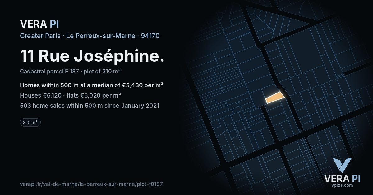 11 Rue Joséphine, Le Perreux-sur-Marne at night – the plot lit, the parcels around coloured by the prices near them