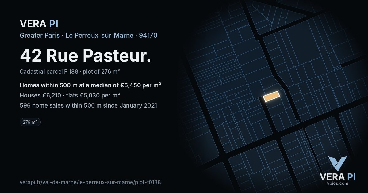 42 Rue Pasteur, Le Perreux-sur-Marne at night – the plot lit, the parcels around coloured by the prices near them