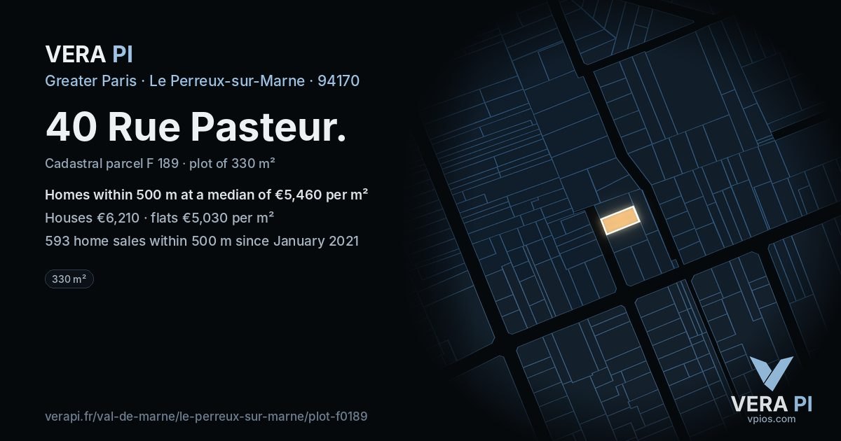 40 Rue Pasteur, Le Perreux-sur-Marne at night – the plot lit, the parcels around coloured by the prices near them