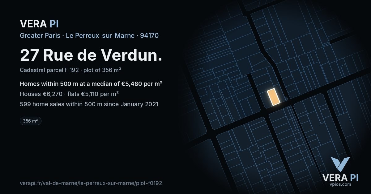 27 Rue de Verdun, Le Perreux-sur-Marne at night – the plot lit, the parcels around coloured by the prices near them