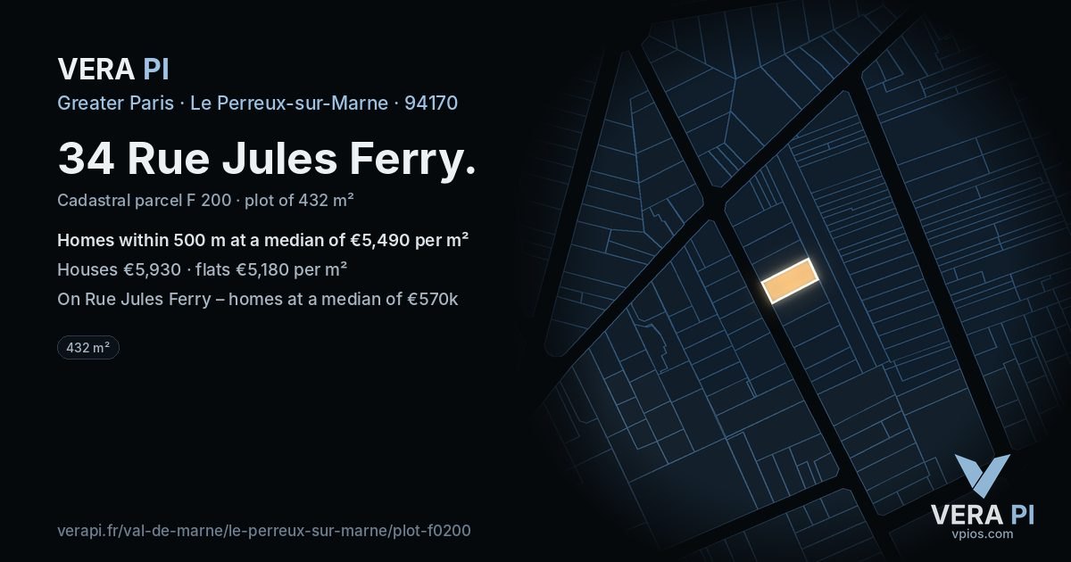 34 Rue Jules Ferry, Le Perreux-sur-Marne at night – the plot lit, the parcels around coloured by the prices near them