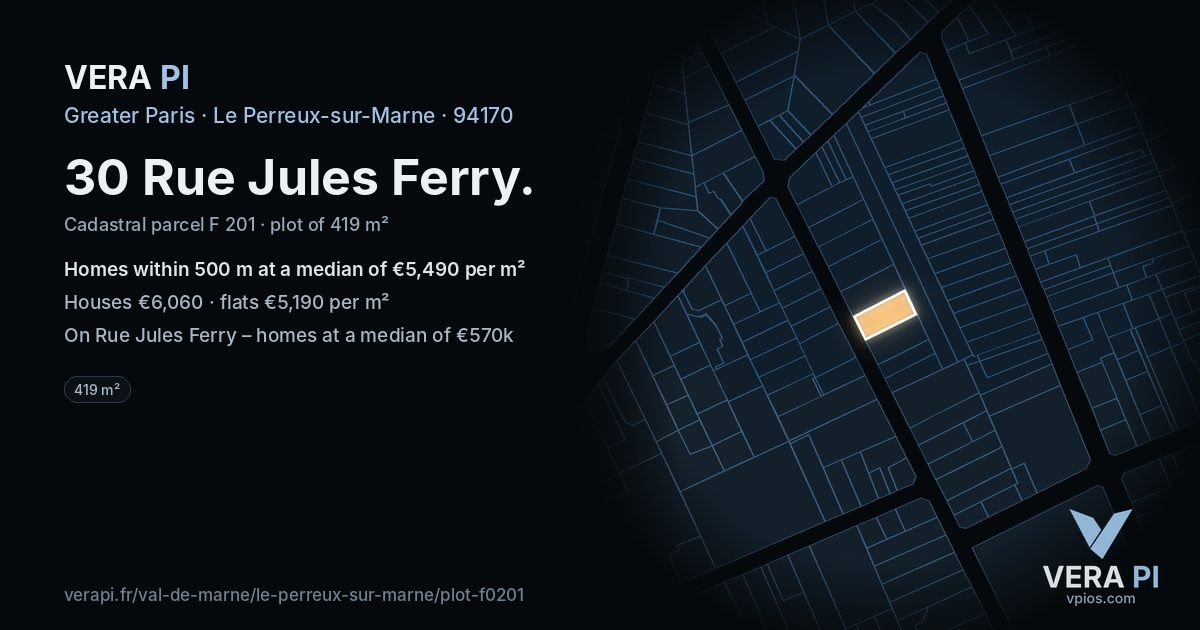 30 Rue Jules Ferry, Le Perreux-sur-Marne at night – the plot lit, the parcels around coloured by the prices near them