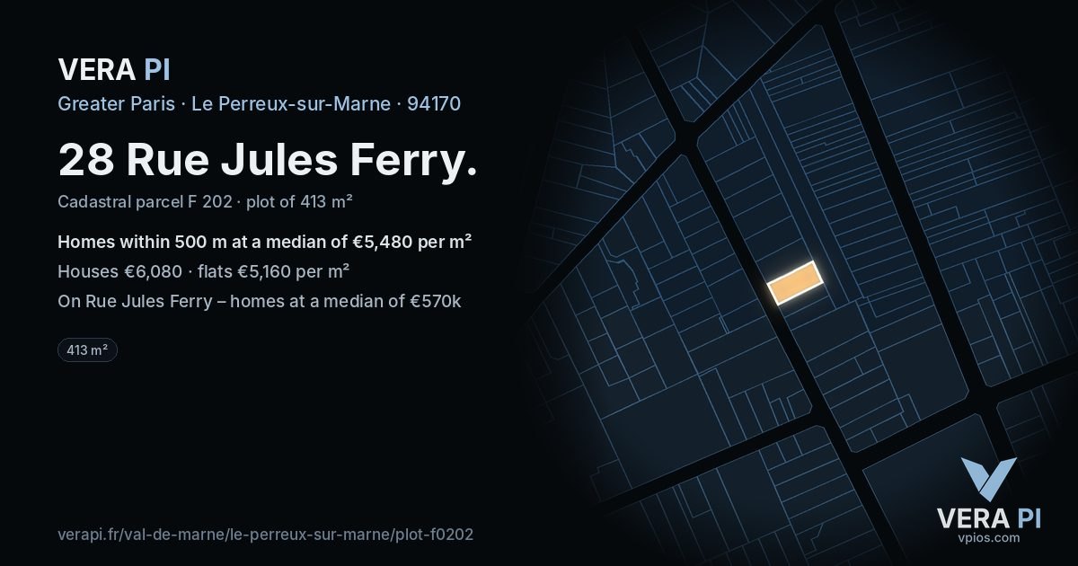 28 Rue Jules Ferry, Le Perreux-sur-Marne at night – the plot lit, the parcels around coloured by the prices near them