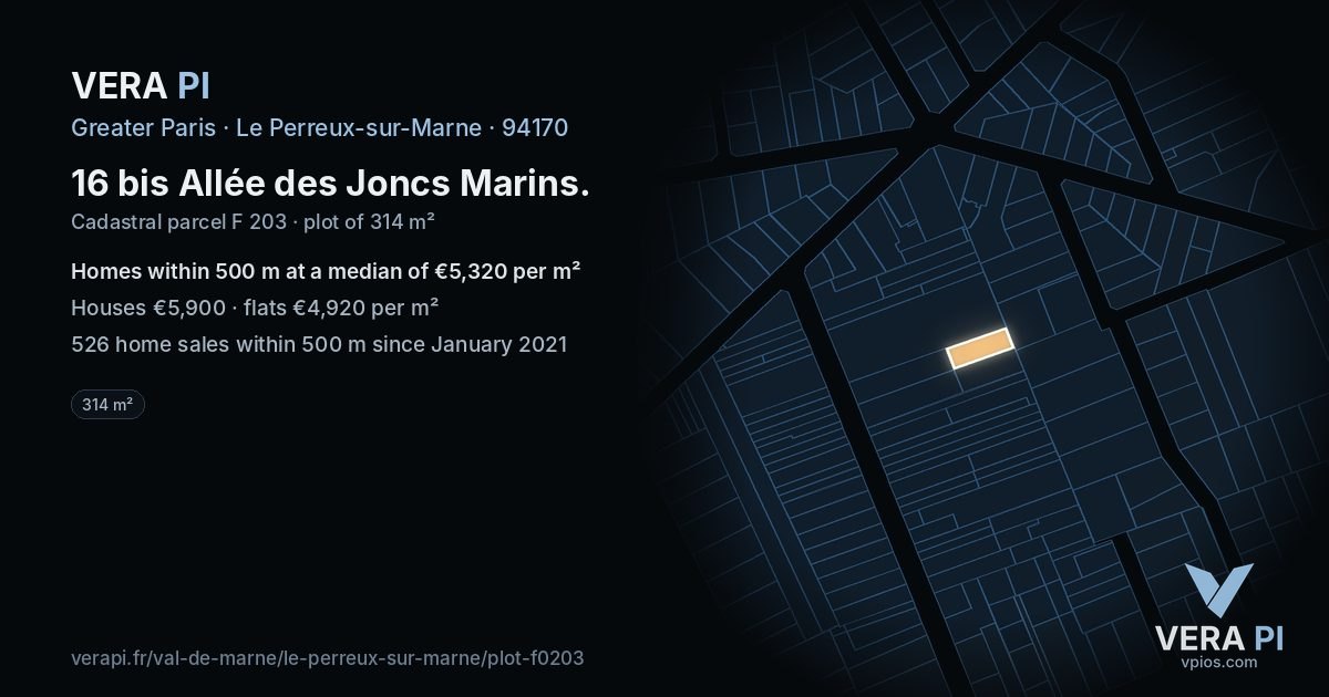 16 bis Allée des Joncs Marins, Le Perreux-sur-Marne at night – the plot lit, the parcels around coloured by the prices near them