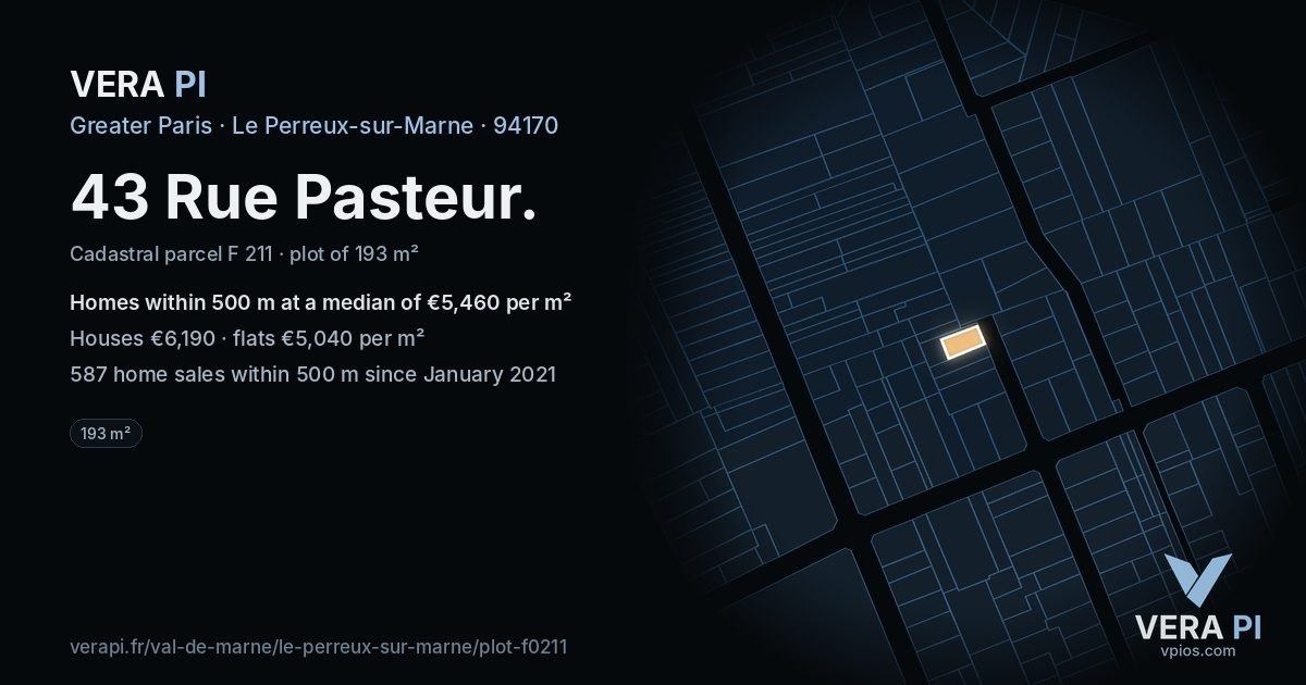 43 Rue Pasteur, Le Perreux-sur-Marne at night – the plot lit, the parcels around coloured by the prices near them