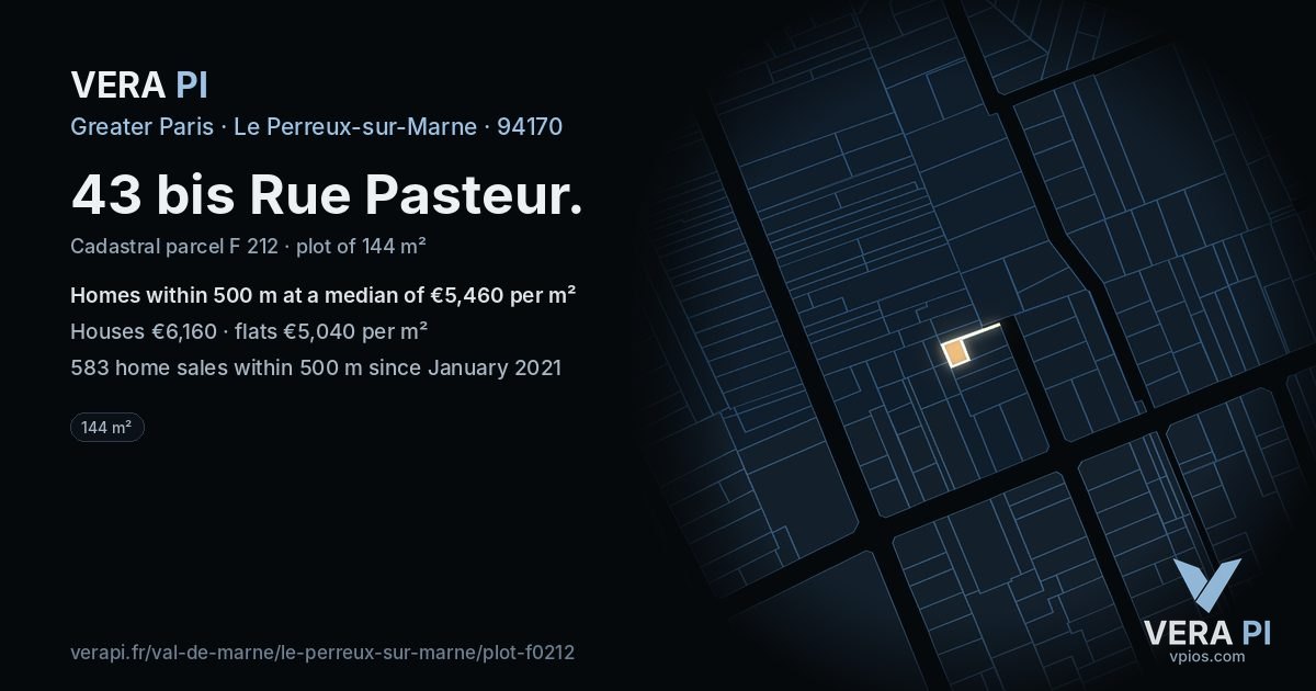 43 bis Rue Pasteur, Le Perreux-sur-Marne at night – the plot lit, the parcels around coloured by the prices near them