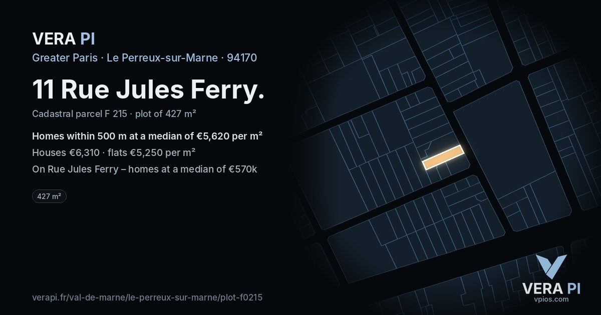 11 Rue Jules Ferry, Le Perreux-sur-Marne at night – the plot lit, the parcels around coloured by the prices near them