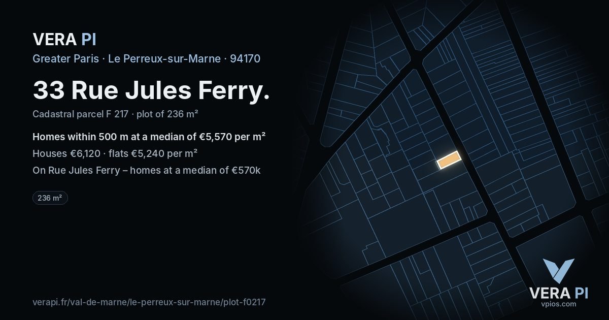 33 Rue Jules Ferry, Le Perreux-sur-Marne at night – the plot lit, the parcels around coloured by the prices near them