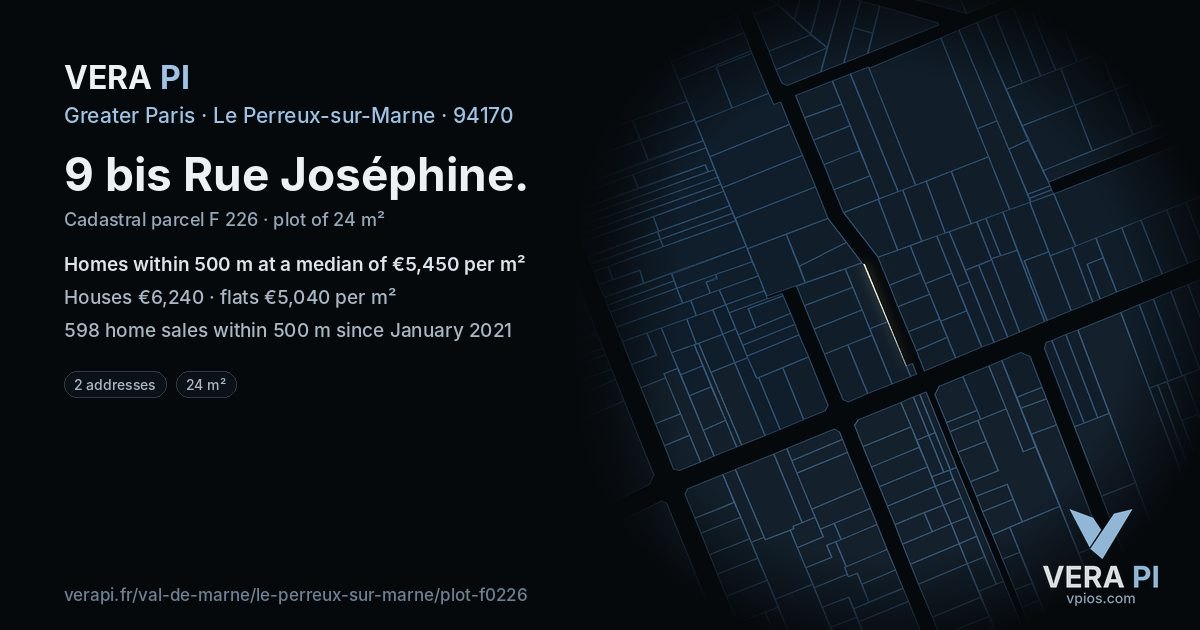 9 bis Rue Joséphine, Le Perreux-sur-Marne at night – the plot lit, the parcels around coloured by the prices near them