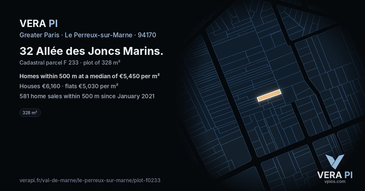 32 Allée des Joncs Marins, Le Perreux-sur-Marne at night – the plot lit, the parcels around coloured by the prices near them