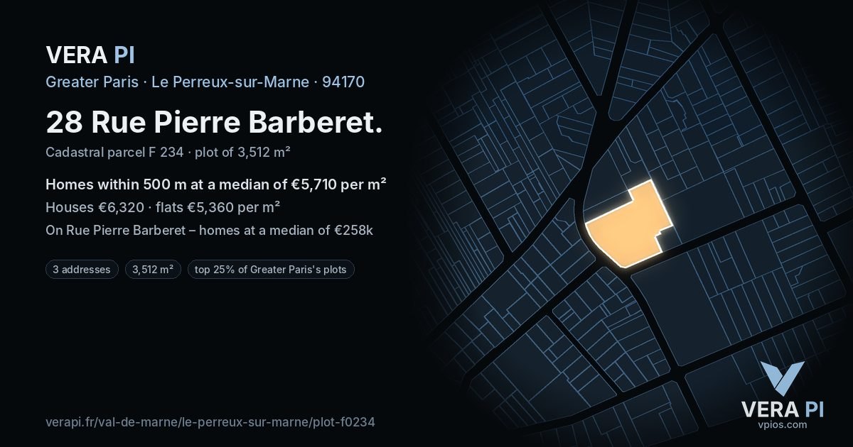 28 Rue Pierre Barberet, Le Perreux-sur-Marne at night – the plot lit, the parcels around coloured by the prices near them