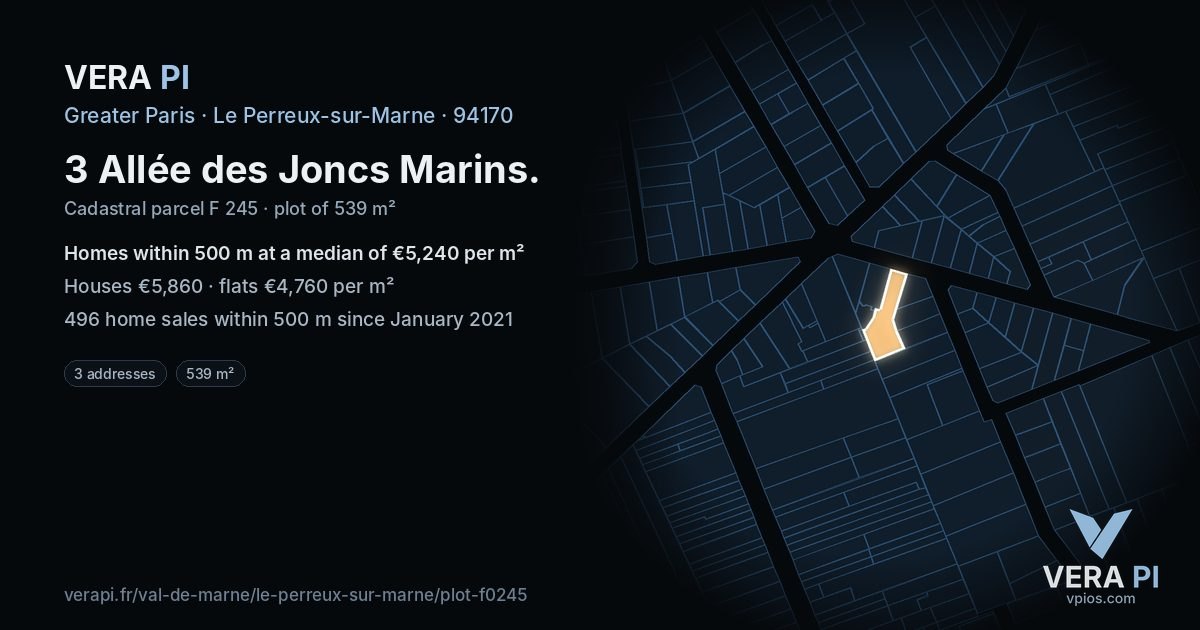 3 Allée des Joncs Marins, Le Perreux-sur-Marne at night – the plot lit, the parcels around coloured by the prices near them
