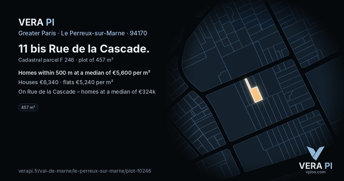 11 bis Rue de la Cascade, Le Perreux-sur-Marne at night – the plot lit, the parcels around coloured by the prices near them