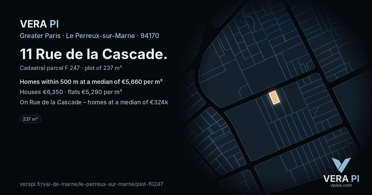 11 Rue de la Cascade, Le Perreux-sur-Marne at night – the plot lit, the parcels around coloured by the prices near them