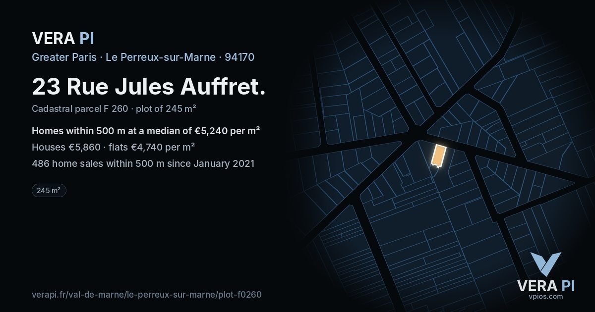 23 Rue Jules Auffret, Le Perreux-sur-Marne at night – the plot lit, the parcels around coloured by the prices near them