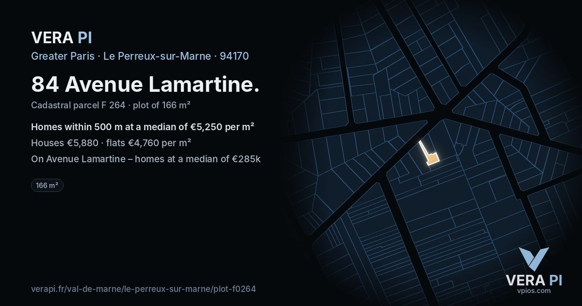 84 Avenue Lamartine, Le Perreux-sur-Marne at night – the plot lit, the parcels around coloured by the prices near them