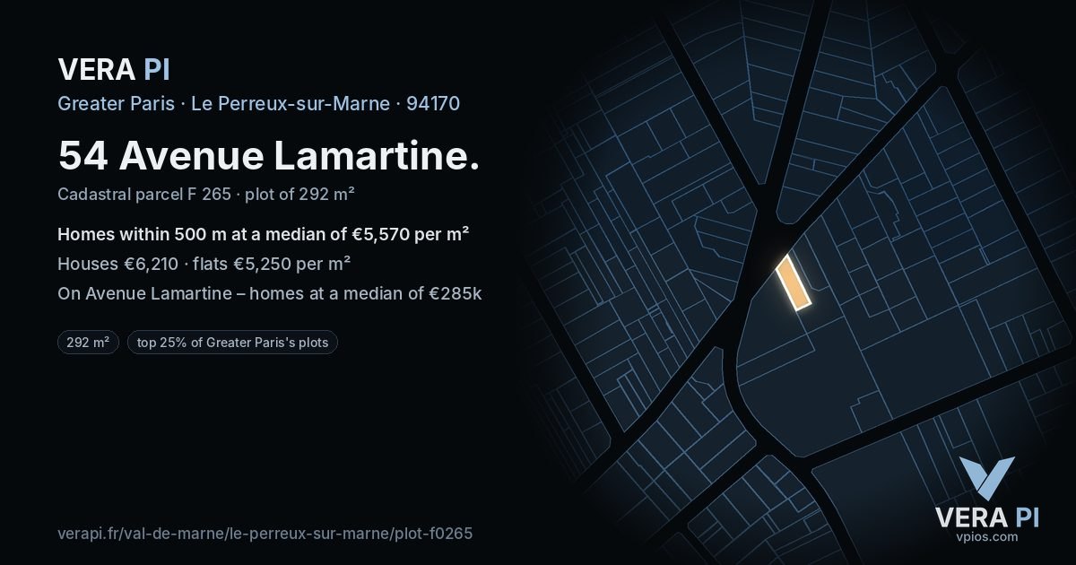 54 Avenue Lamartine, Le Perreux-sur-Marne at night – the plot lit, the parcels around coloured by the prices near them