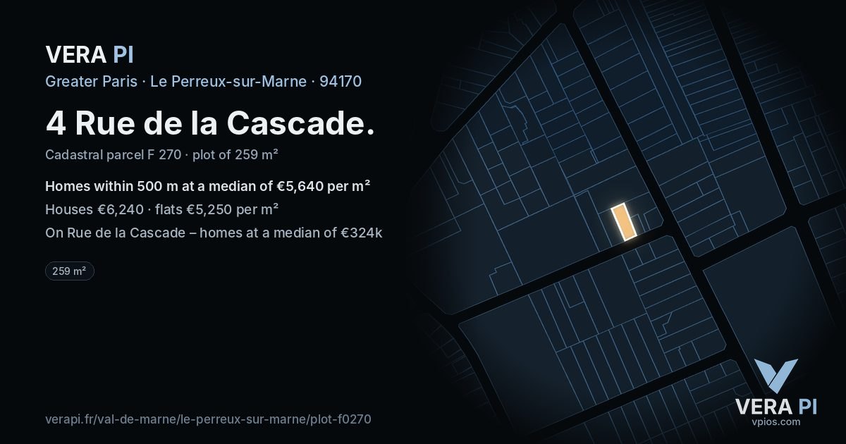 4 Rue de la Cascade, Le Perreux-sur-Marne at night – the plot lit, the parcels around coloured by the prices near them