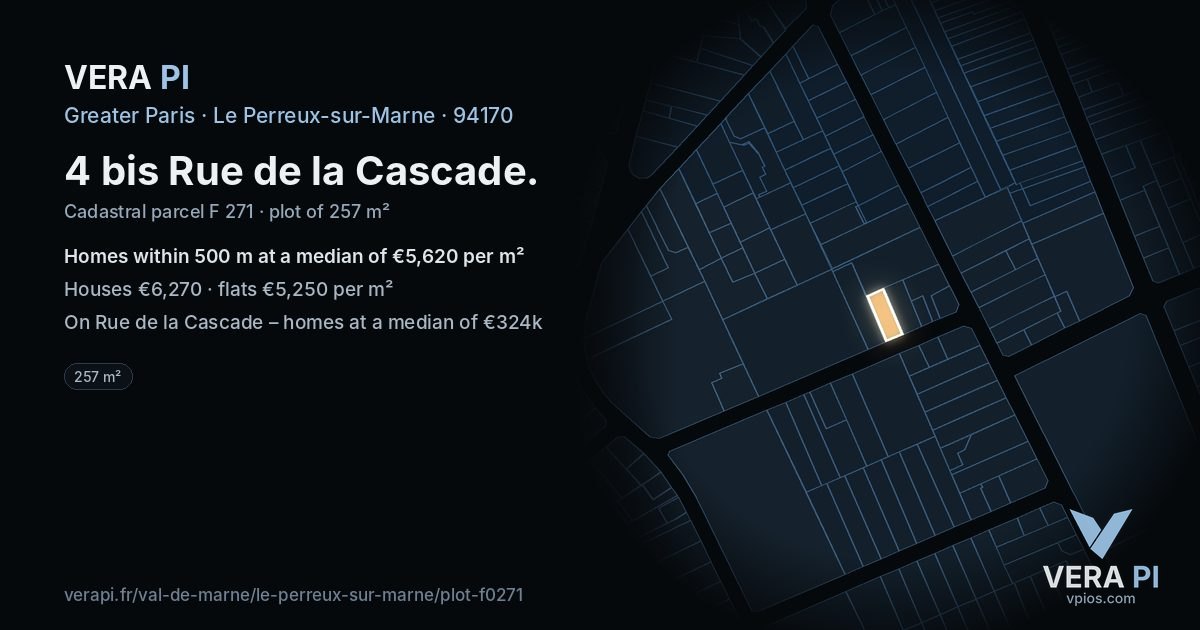 4 bis Rue de la Cascade, Le Perreux-sur-Marne at night – the plot lit, the parcels around coloured by the prices near them