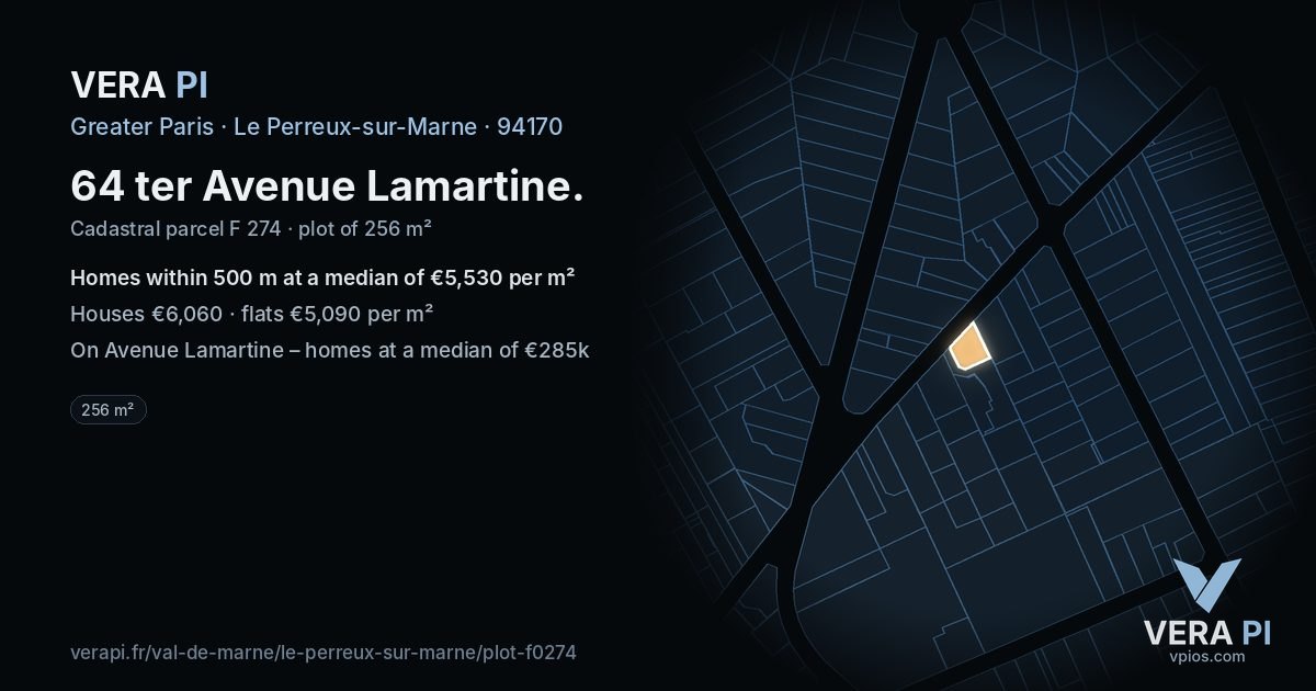 64 ter Avenue Lamartine, Le Perreux-sur-Marne at night – the plot lit, the parcels around coloured by the prices near them