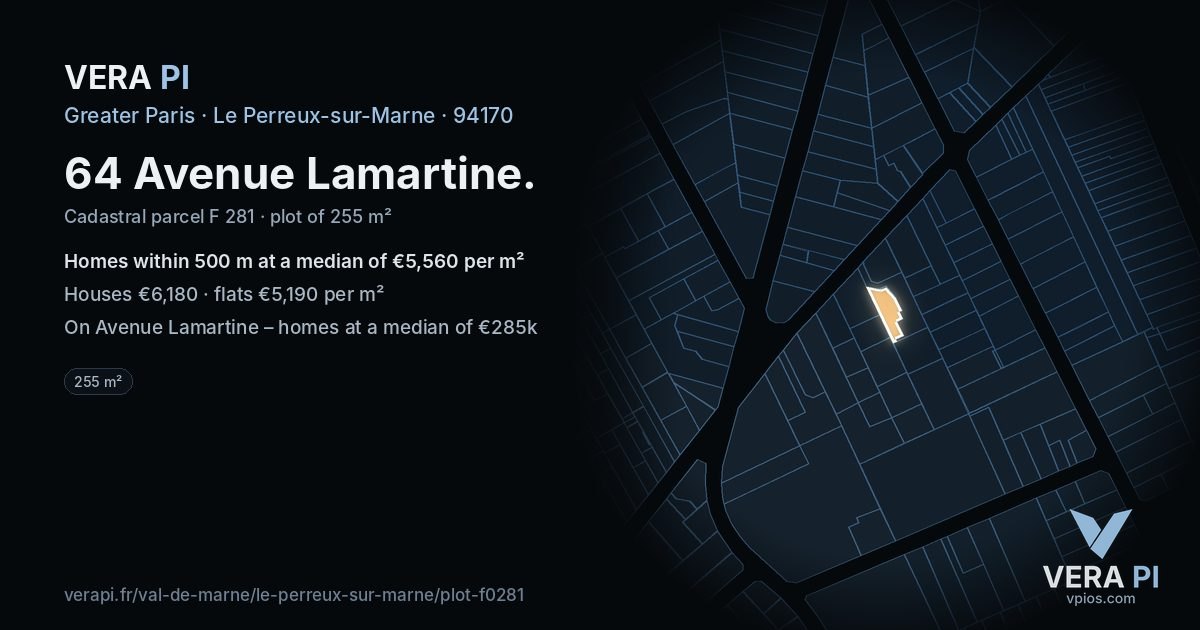 64 Avenue Lamartine, Le Perreux-sur-Marne at night – the plot lit, the parcels around coloured by the prices near them