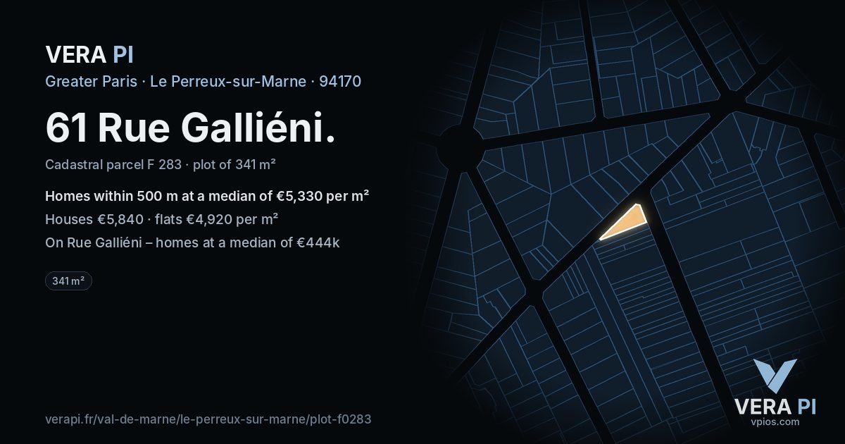 61 Rue Galliéni, Le Perreux-sur-Marne at night – the plot lit, the parcels around coloured by the prices near them