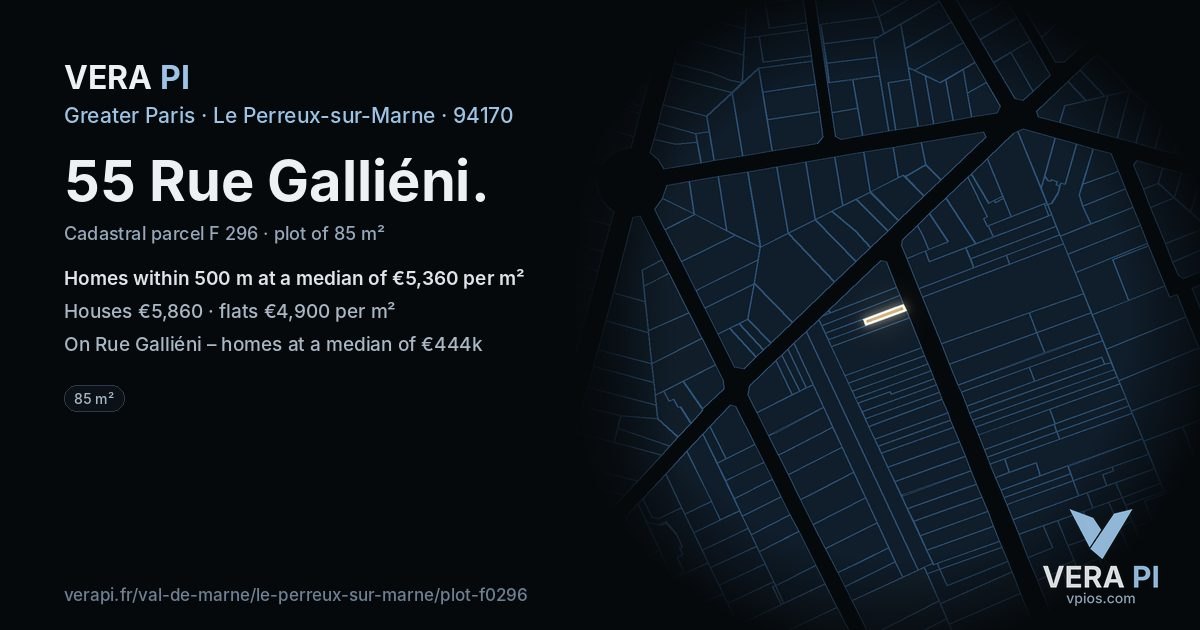 55 Rue Galliéni, Le Perreux-sur-Marne at night – the plot lit, the parcels around coloured by the prices near them
