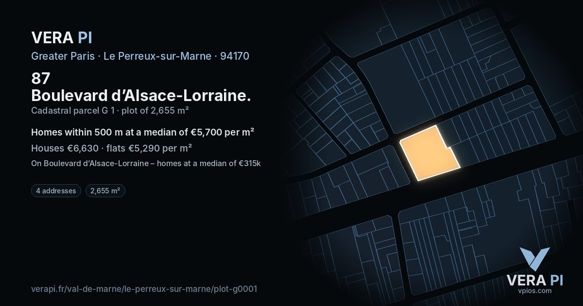 87 Boulevard d’Alsace-Lorraine, Le Perreux-sur-Marne at night – the plot lit, the parcels around coloured by the prices near them