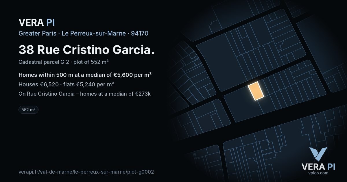 38 Rue Cristino Garcia, Le Perreux-sur-Marne at night – the plot lit, the parcels around coloured by the prices near them