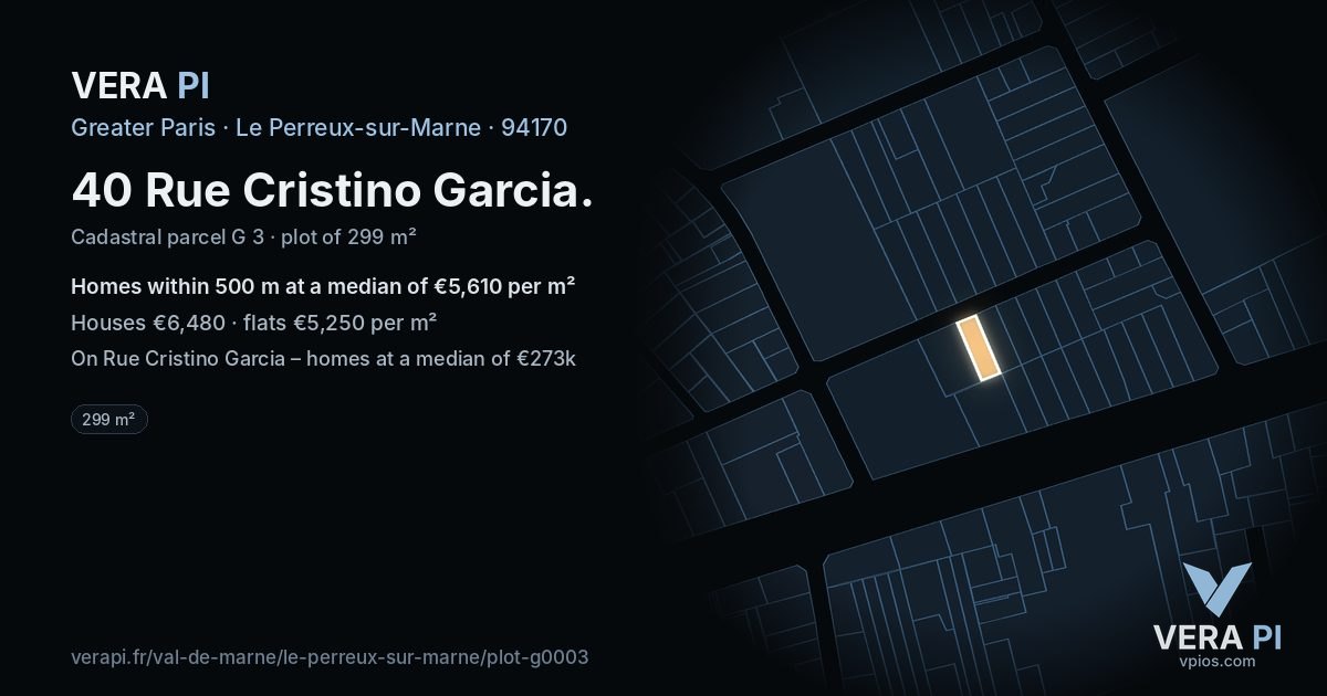 40 Rue Cristino Garcia, Le Perreux-sur-Marne at night – the plot lit, the parcels around coloured by the prices near them