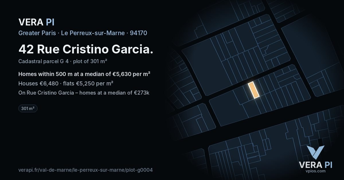 42 Rue Cristino Garcia, Le Perreux-sur-Marne at night – the plot lit, the parcels around coloured by the prices near them