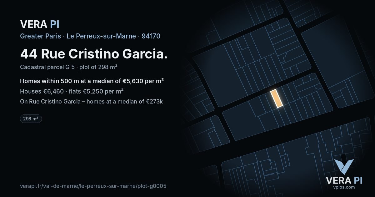 44 Rue Cristino Garcia, Le Perreux-sur-Marne at night – the plot lit, the parcels around coloured by the prices near them